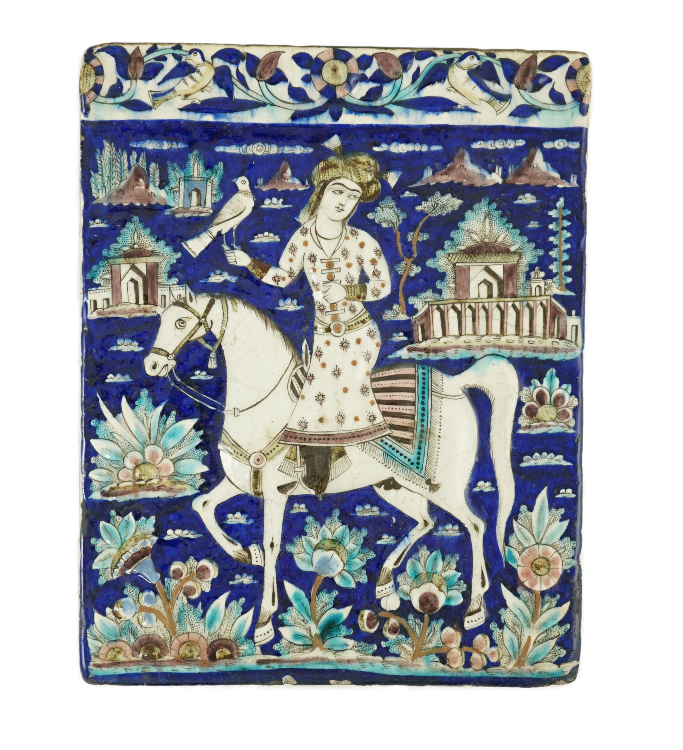 A Persian polychrome tile, Qajar dynasty - 34.5 x 27cm 34 cm x 27.5 cm